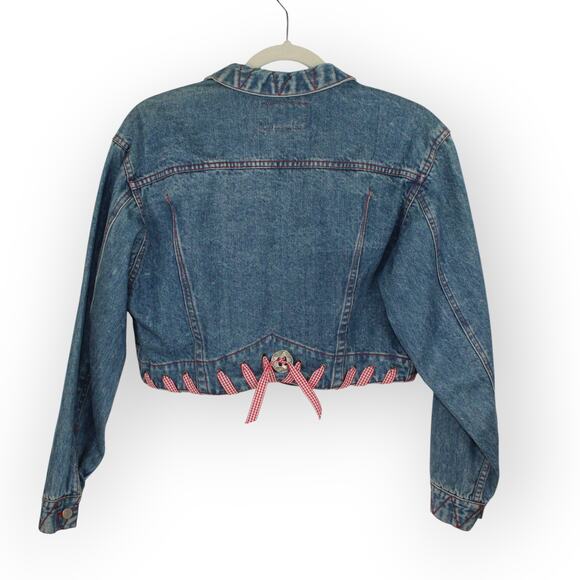 Vintage M/L HystericEtVous Crop Denim Jean Jacket Western Red Gingham Cowgirl - Picture 3 of 16